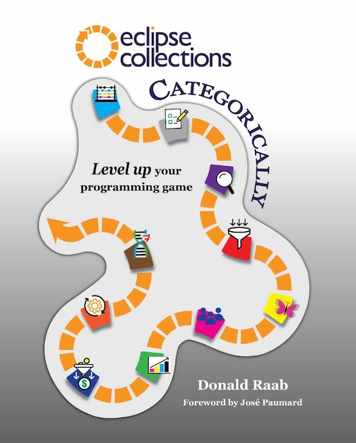 The cover of Eclipse Collections Categorically, which has a game board with a path of orange blocks and images for various categories of methods.