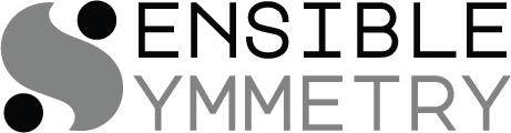 Logo for Sensible Symmetry. An S made with a swirl and two circles, one at the top right corner, one at the bottom left corner. The single S is used to spell Sensible on the top, and Symmetry on the bottom.